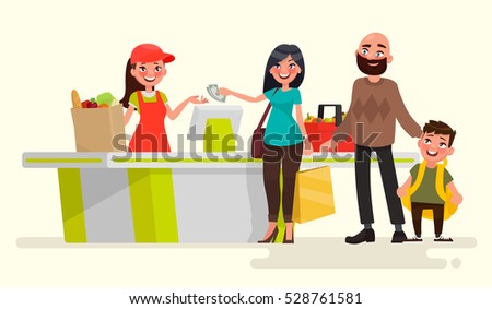 Supermarket store cashier at the cash register and buyers. Vector illustration in cartoon style