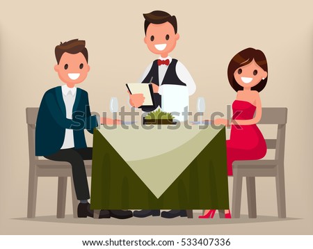 Young couple having dinner in a restaurant. Man and woman sitting at the table, the waiter takes order dishes. Vector illustration in a flat style