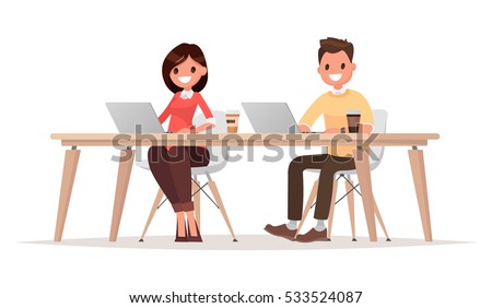 Businessman and  businesswoman for the common desktop work computer. Vector illustration in a flat style