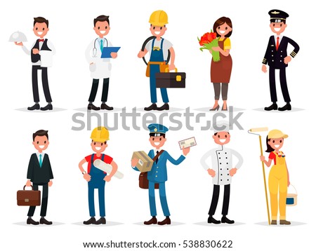 Set professions: waiter, doctor,  electrician, florist, pilot, businessman, engineer, postman, cook, painter. Vector illustration in a flat style