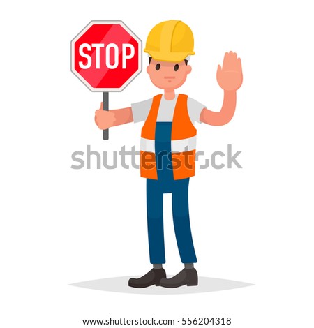 Stop. There is no road. Road builder, adjuster shows a road sign and hand gesture. Vector illustration in a flat style