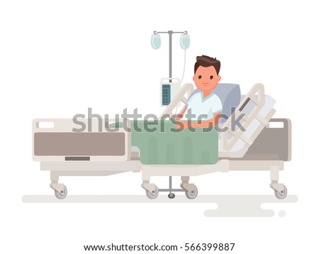 Hospitalization of the patient. A sick person is in a medical bed on a drip. Vector illustration in a flat style