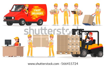 Set of service delivery. Staff: operator, driver, courier, loader. Vector illustration in a flat style