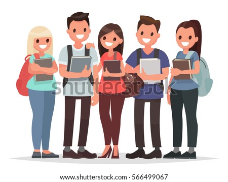 People and Education. Group of happy students with books on an isolated background. Vector illustration in a flat style