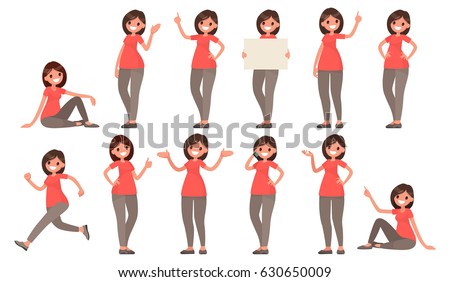 Set of a woman in casual clothes in different poses. A character for your project. Vector illustration in a flat style