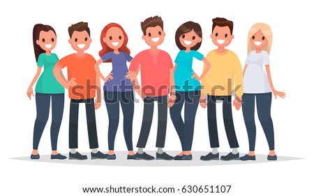 Group of happy people in casual clothes on a white background. Vector illustration in a flat style