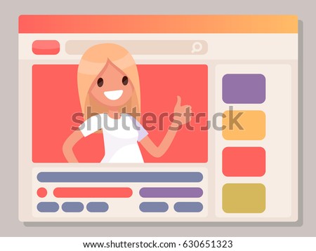 Girl leads her channel on the popular video hosting. The Star of the Internet. Vector illustration in a flat style