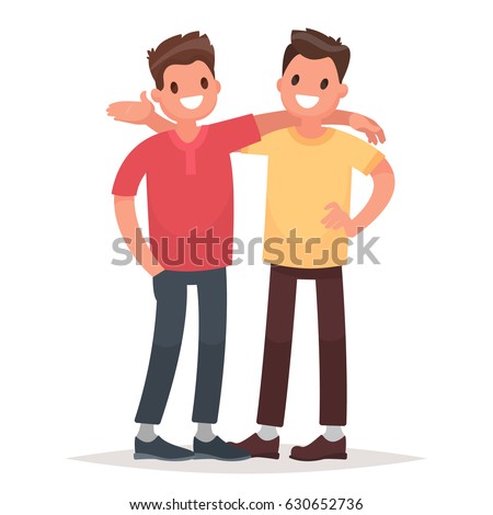 Concept of male friendship. Two guys hug. Vector illustration in a flat style