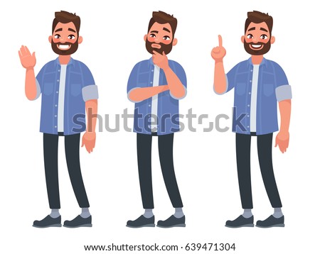 Set of character bearded man greets , thinks and finds a solution. Vector illustration in cartoon style