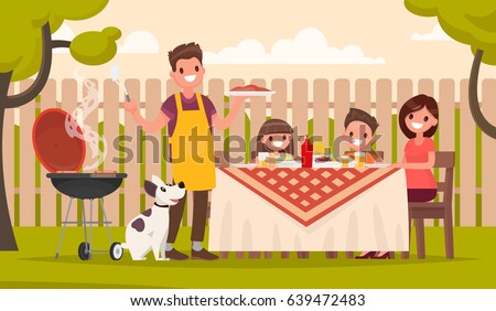 Happy family at a picnic is preparing a barbecue grill outdoors. Vector illustration in a flat style