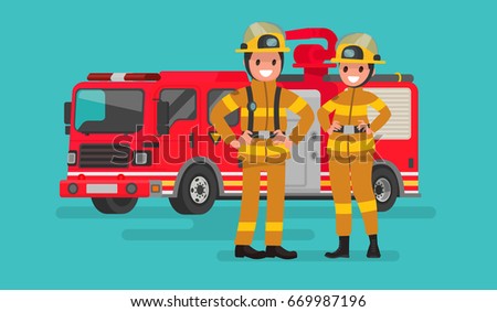 Fire service workers man and woman. Firefighters on the background of the service car. Vector illustration in a flat style