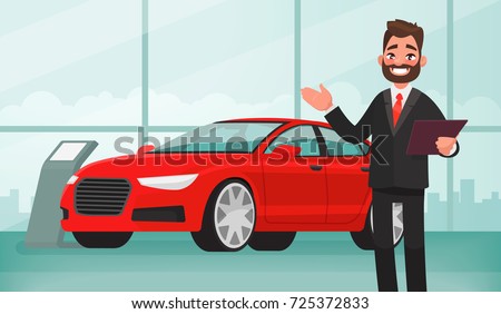 Sale of a new car. The seller at the car showroom shows the vehicle. Vector illustration in cartoon style