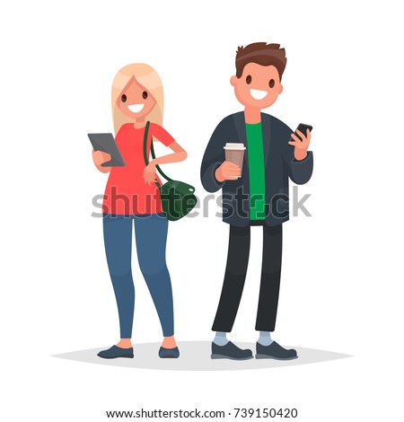 Couple of young people with gadgets. A man with a phone and a woman with a tablet. Vector illustration in a flat style