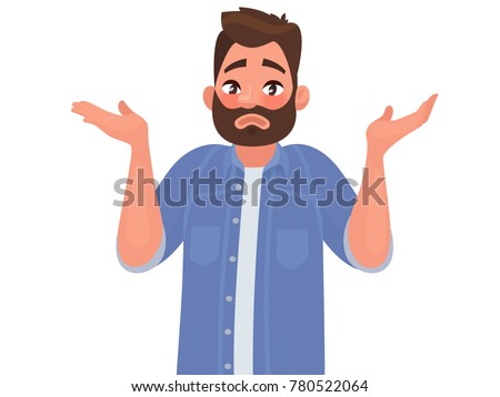 Gesture oops, sorry or I do not know. The man shrugs and spreads his hands. Vector illustration in cartoon style