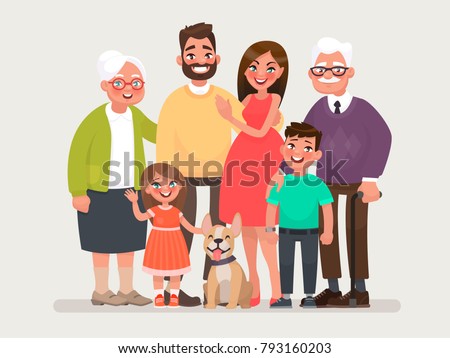 Happy family. Father, mother, grandmother, grandfather and children with a pet. Vector illustration of a cartoon style