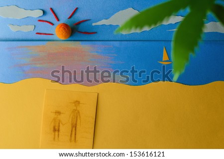 Memories of me and my father: Walking towards sunset Figurative father and daughter walking towards sunset on a beach