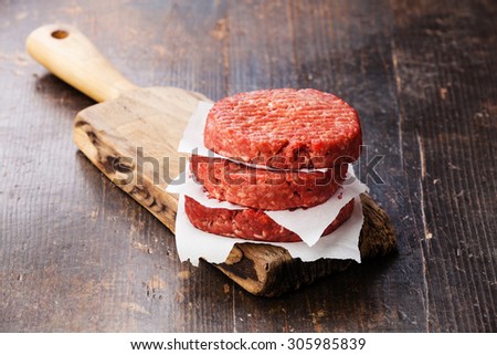 Raw Ground beef meat Burger steak cutlets on cutting board on dark wooden background