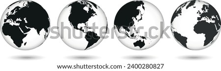 Set of transparent globes of Earth. Realistic world map in globe shape with transparent texture and shadow
