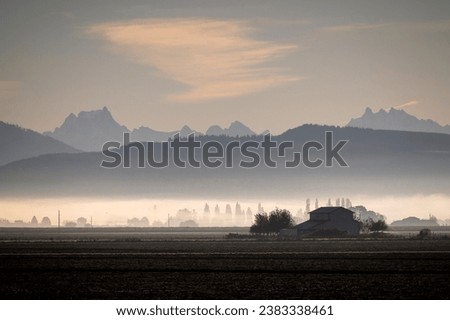 Similar – Image, Stock Photo Sunrise over mountain foggy valley. Misty wood in morning