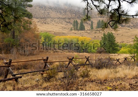 Autumn Countryside. A split rail fence and a grove of Aspen trees make for a beautiful scenic countryside scene near Winthrop, Washington, USA.