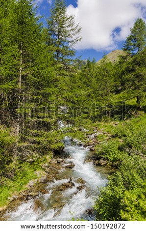 Alpine mountains and the spring that goes down over the rocks. Lombardy. Northern Italy.