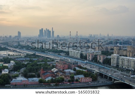 Top view of the streets and squares of Moscow from the top of a block of flats on the Sparrow Hills. Tourist panorama