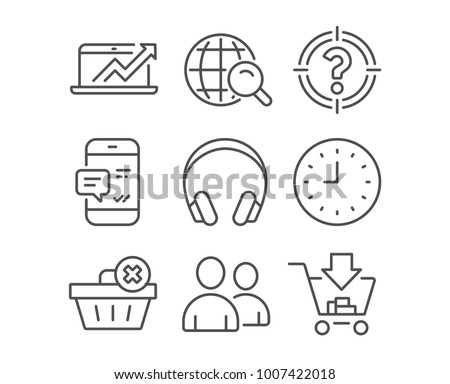 Set of Users, Headhunter and Internet search icons. Delete order, Clock and Sales diagram signs. Smartphone notification, Headphones and Shopping symbols. Couple of people. Aim with question mark