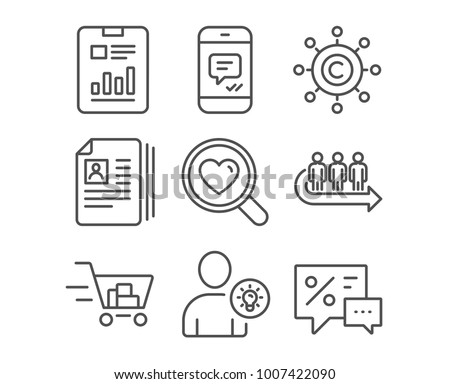 Set of Cv documents, Queue and User idea icons. Shopping cart, Copywriting network and Report document signs. Search love, Message and Discounts symbols. Portfolio files, People waiting, Light bulb