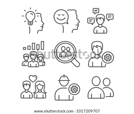 Set of Conversation messages, Engineer and Couple love icons. Idea, Teamwork results and Search employees signs. Good mood, Support and Users symbols. Vector