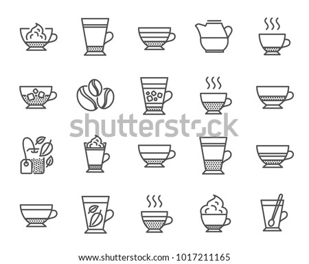Coffee types and Tea icons. Set of Latte, Frappe and Cappuccino signs. Espresso, Doppio and Cafe Crema symbols. Americano, Whipped cream and Coffee with ice. Mocha, Herbal and Mint tea cups. Vector