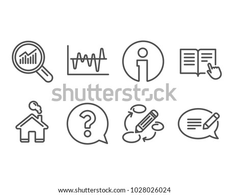 Set of Question mark, Stock analysis and Data analysis icons. Read instruction, Keywords and Message signs. Help support, Business trade, Magnifying glass. Vector
