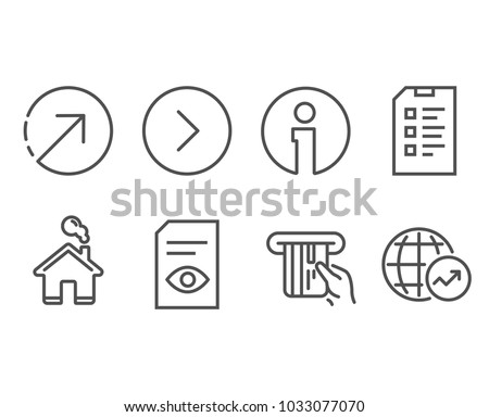 Set of View document, Credit card and Forward icons. Direction, Checklist and World statistics signs. Open file, Atm payment, Next direction. Navigation pointer, Data list, Global report. Vector