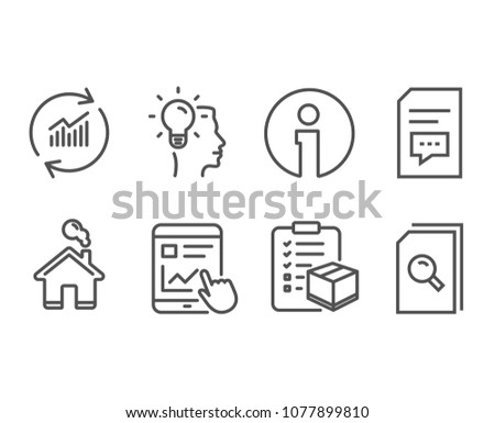 Set of Internet report, Idea and Parcel checklist icons. Comments, Update data and Search files signs. Web tutorial, Professional job, Logistics check. Vector