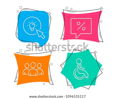 Set of Discount message, Energy and Group icons. Disabled sign. Special offer, Turn on the light, Group of users. Handicapped wheelchair.  Flat geometric colored tags. Vivid banners. Vector