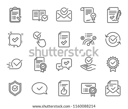 Approve line icons. Set of Check List, Certificate and Award medal linear icons. Certified document, Accepted approve and Confirm mail symbols. Guarantee, Check mark and Correct agreement signs