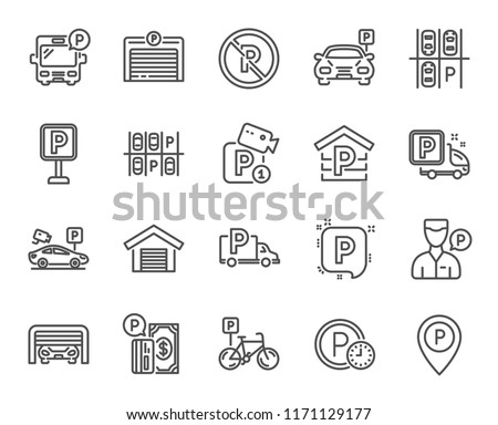 Parking line icons. Set of Garage, Valet servant and Paid parking linear icons. Video monitoring, Bike or Car park and Truck or Bus stopping symbols. Money, Map pointer and Free park place. Vector