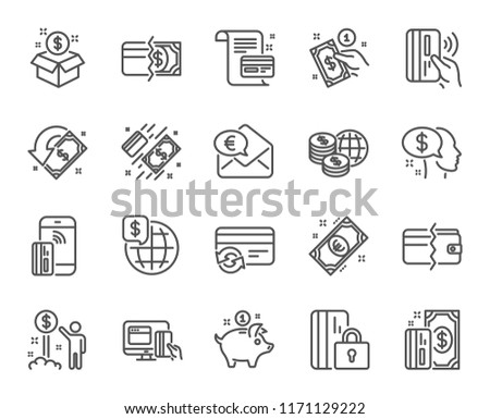 Money line icons. Set of Update credit card, Contactless pay and Piggy bank linear icons. Online payment, Dollar exchange and Fast money send symbols. Private pay, Blocked credit card. Vector