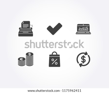 Set of Typewriter, Web analytics and Currency icons. Tick, Shopping bag and Usd exchange signs. Writer machine, Statistics, Euro and usd. Confirm check, Supermarket discounts, Currency rate. Vector