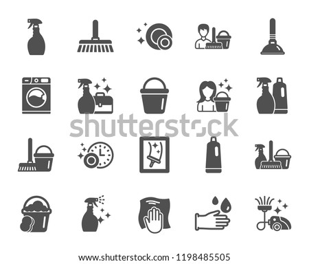 Cleaning icons. Laundry, Sponge and Vacuum cleaner signs. Washing machine, Housekeeping service and Maid equipment symbols. Window cleaning and Wipe off. Quality design element. Classic style. Vector