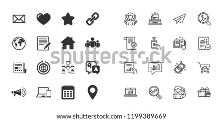 Set of Communication, Conference and Information icons. E-Mail, Printer and Internet signs. Support and Phone call symbols. Plane, information report and shopping cart icons. Group. Vector
