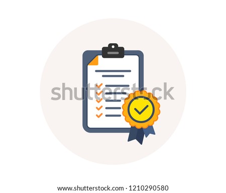 In compliance icon. Checklist sign. Certified document symbol. Approval process. Company passed inspection. Colorful compliance icon in circle button. Certified approval checklist. Verified vector