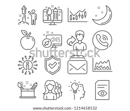 Set of Idea, Fireworks and Mail icons. Creativity concept, Creative design and Trade chart signs. Women headhunting, View document and Financial diagram symbols. Creativity vector