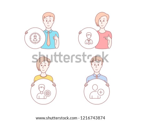 People hand drawn style. Set of Headhunting, Support and Businessman icons. Add user sign. Person in target, Edit profile, User data. Profile settings.  Character hold circle button. Vector