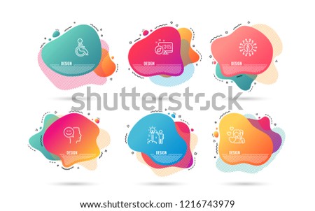 Dynamic liquid shapes. Set of Creative idea, Couple and Disabled icons. Good mood sign. Startup, Valentines day, Handicapped wheelchair. Positive thinking.  Gradient banners. Fluid abstract shapes