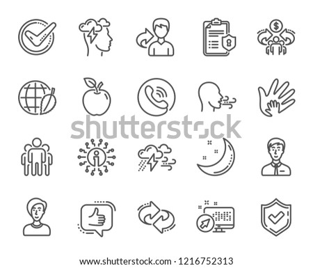 Check mark, Sharing economy, Refer and Mindfulness stress, Breathing people line icons. Privacy Policy, Social Responsibility and Breath icons. Bad weather, Like, sharing refer. Privacy policy vector