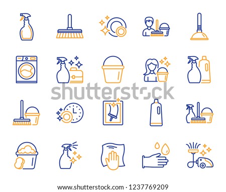 Cleaning line icons. Laundry, Window sponge and Vacuum cleaner icons. Washing machine, Housekeeping service and Maid cleaner equipment. Window cleaning, Wipe off, laundry washing machine. Vector