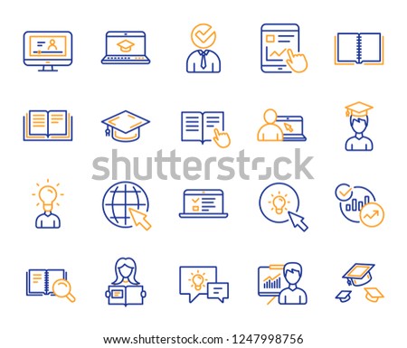 Education line icons. Laptop, Book and Video Tutorial icons. Graduation cap, Instructions and Presentation. Education or Lectures book, Charts and Idea. Laptop, tablet device. Video tutorial. Vector