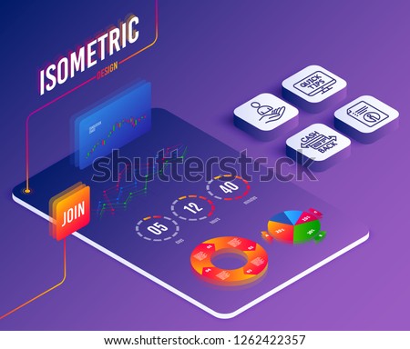 Isometric vector. Set of Technical info, Recruitment and Web tutorials icons. Cashback card sign. Documentation, Hr, Quick tips. Money payment.  Software or Financial markets. Analysis data concept