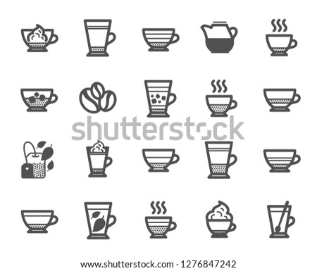 Coffee types and Tea icons. Set of Latte, Frappe and Cappuccino icons. Espresso, Doppio and Cafe Crema. Americano, Whipped cream latte and Coffee with ice. Mocha cafe, Herbal, Mint tea cups. Vector