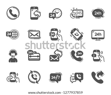 Processing icons. Set of Callback or feedback, Call support and Chat message icons. 24 hour service, Call centre, 24/7. Telephone callback, support message, feedback phone center. Vector